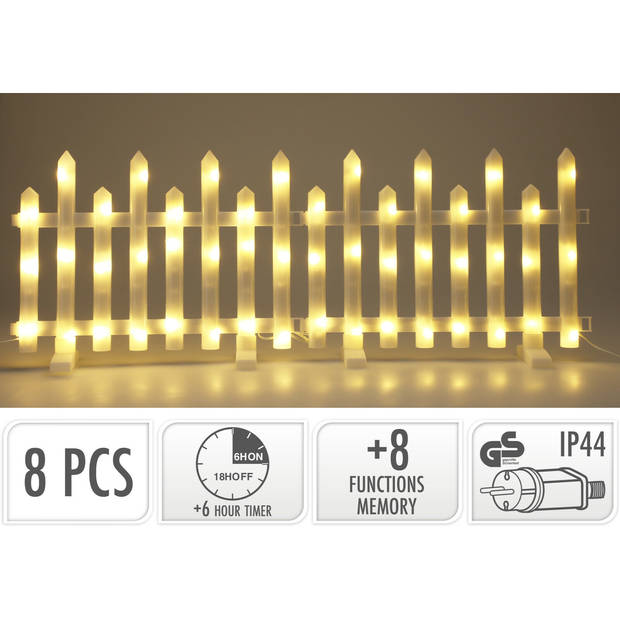 Verlichte hek omheiningen - set 8x - warm wit - led - L35 x H24,5 cm - kerstverlichting figuur