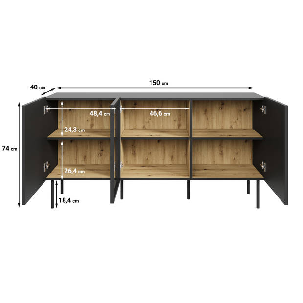 Meubella Dressoir Zone - Zwart - 150 cm