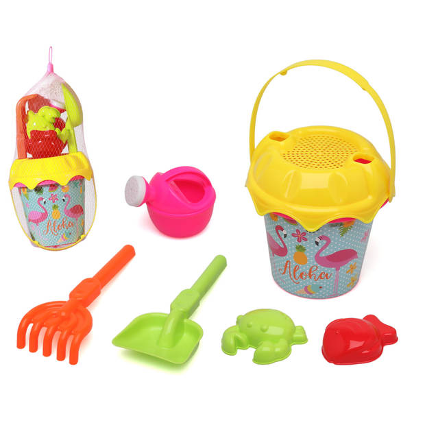 Atosa Strand/zandbak speelgoed set - emmer/schepjes met vormpjes - plastic - flamingo - Zandspeelsets