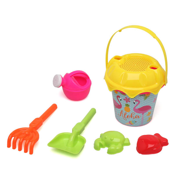 Atosa Strand/zandbak speelgoed set - emmer/schepjes met vormpjes - plastic - flamingo - Zandspeelsets