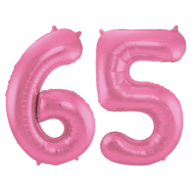 Leeftijd feestartikelen/versiering grote folie ballonnen 65 jaar glimmend roze 86 cm - Ballonnen