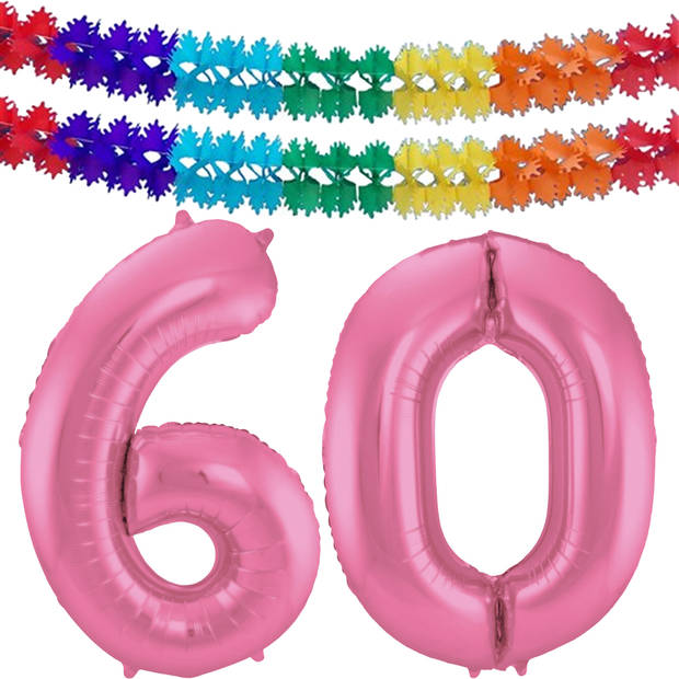 Leeftijd feestartikelen/versiering grote folie ballonnen 60 jaar glimmend roze 86 cm + slingers - Ballonnen