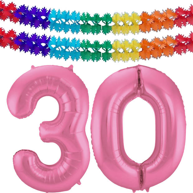 Leeftijd feestartikelen/versiering grote folie ballonnen 30 jaar glimmend roze 86 cm + slingers - Ballonnen