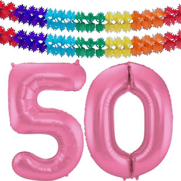 Leeftijd feestartikelen/versiering grote folie ballonnen 50 jaar glimmend roze 86 cm + slingers - Ballonnen