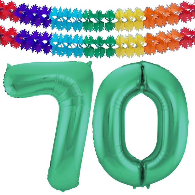 Leeftijd feestartikelen/versiering grote folie ballonnen 70 jaar glimmend groen 86 cm + slingers - Ballonnen