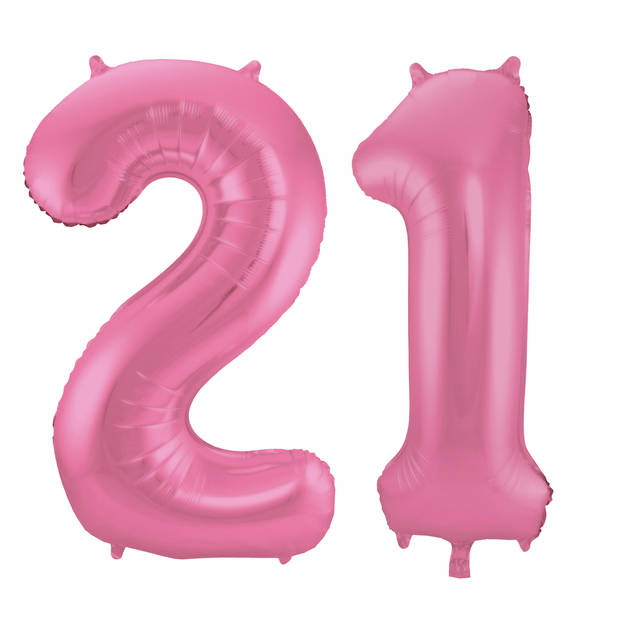 Leeftijd feestartikelen/versiering grote folie ballonnen 21 jaar glimmend roze 86 cm - Ballonnen