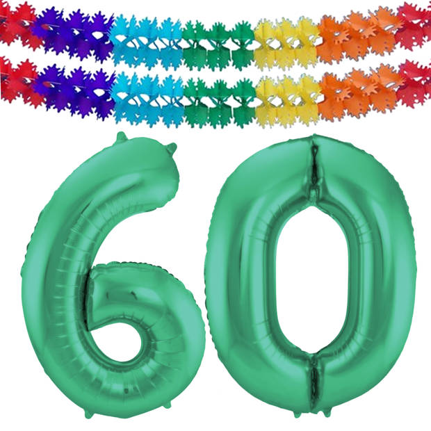 Leeftijd feestartikelen/versiering grote folie ballonnen 60 jaar glimmend groen 86 cm + slingers - Ballonnen