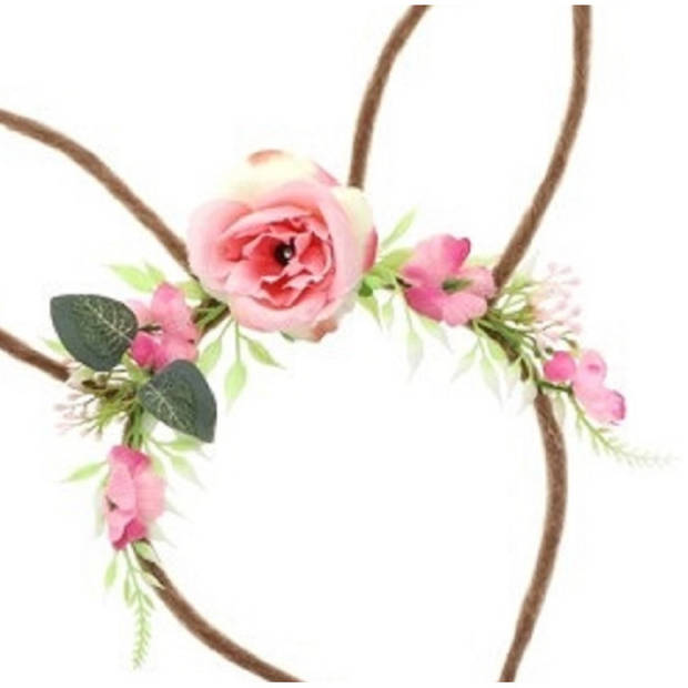 Chaks Verkleed diadeem paashaas/bunny oren - met bloemen - roze - one size - Verkleedhoofddeksels