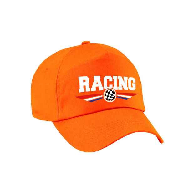 Racing / autosport supporter pet met finish vlag en Nederlandse kleuren oranje voor kinderen - Verkleedhoofddeksels