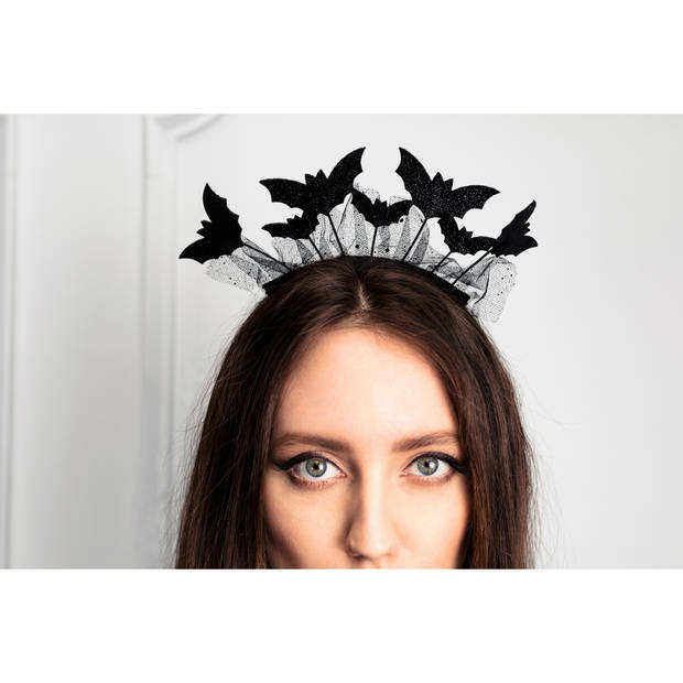 PartyDeco vleermuizen diadeem/tiara - zwart - kunststof - Halloween thema - Verkleedhoofddeksels