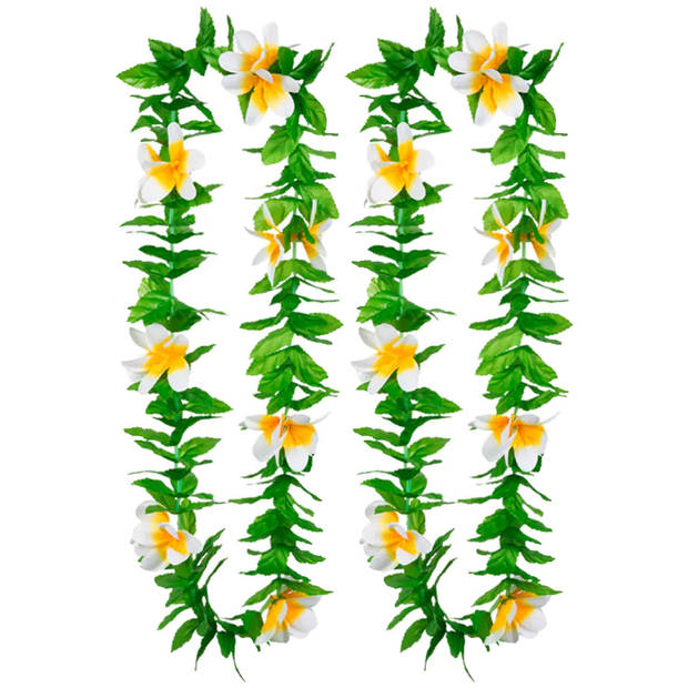 Boland Hawaii krans/slinger - 2x - Tropische kleuren mix groen/wit - Bloemen hals slingers - Verkleedkransen