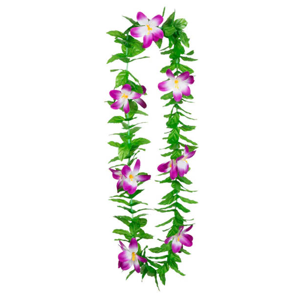 Boland Hawaii krans/slinger - 2x - Tropische kleuren mix groen/paars - Bloemen hals slingers - Verkleedkransen