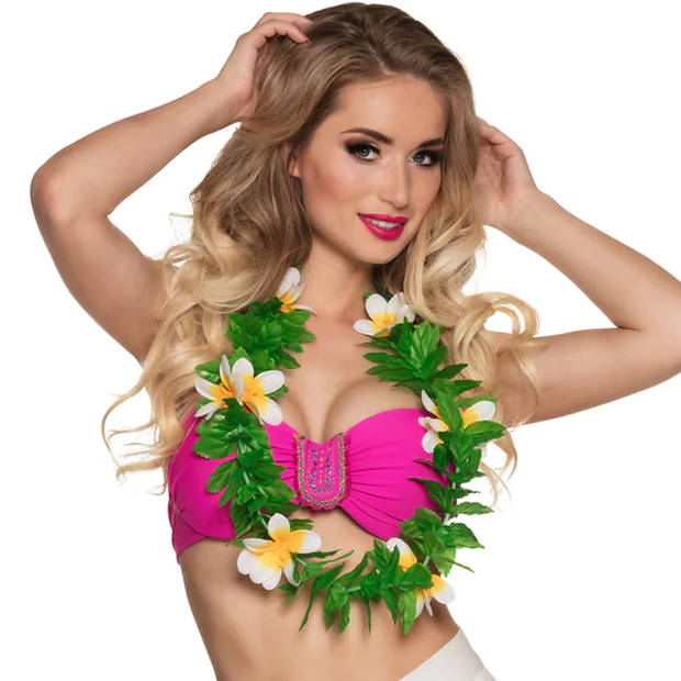 Boland Hawaii krans/slinger - 2x - Tropische kleuren mix groen/wit - Bloemen hals slingers - Verkleedkransen