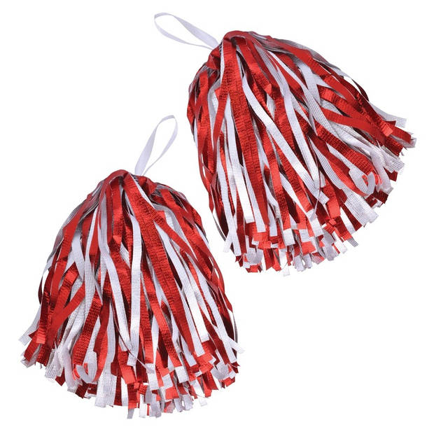 2x Cheerballs/Pompoms in het rood/wit - Verkleedattributen