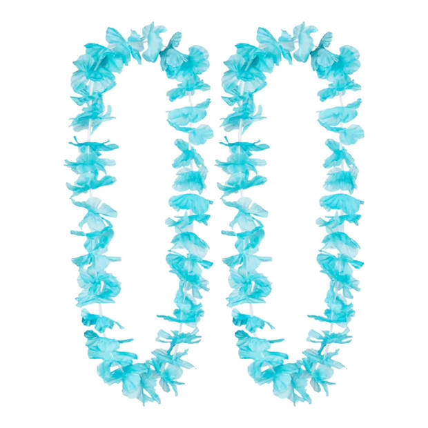 Boland Hawaii krans/slinger - 2x - Tropische kleuren turquoise blauw - Bloemen hals slingers - Verkleedkransen