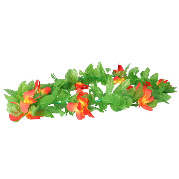 Boland Hawaii krans/slinger - 2x - Tropische kleuren mix groen/geel/rood - Bloemen hals slingers - Verkleedkransen