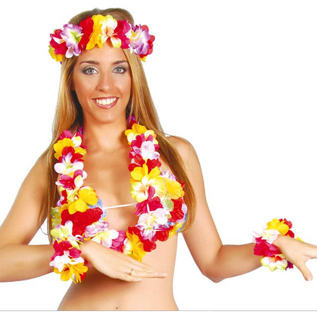 Guirca Hawaii krans/slinger set - 2x - Tropische/zomerse kleuren mix - Hoofd/polsen/hals slingers - Verkleedkransen