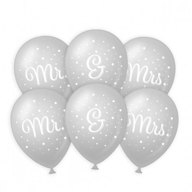 18x stuks Mr. & Mrs huwelijks feest ballonnen - zilver/wit - latex - ca 30 cm - Ballonnen