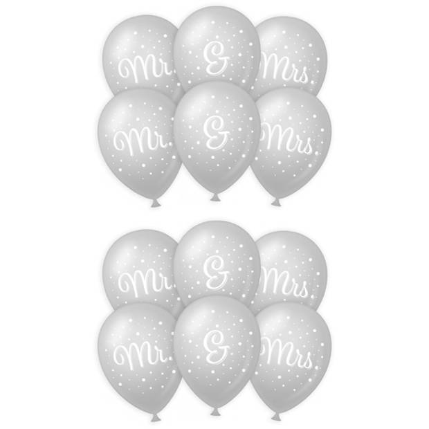 18x stuks Mr. & Mrs huwelijks feest ballonnen - zilver/wit - latex - ca 30 cm - Ballonnen