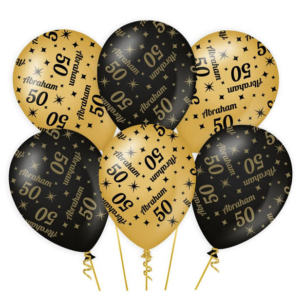 12x stuks luxe Abraham/50 jaar feest ballonnen - zwart/goud - latex - ca 30 cm - Ballonnen