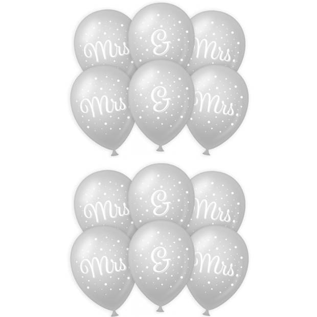 12x stuks Mrs. & Mrs. huwelijks feest ballonnen - zilver/wit - latex - ca 30 cm - Ballonnen