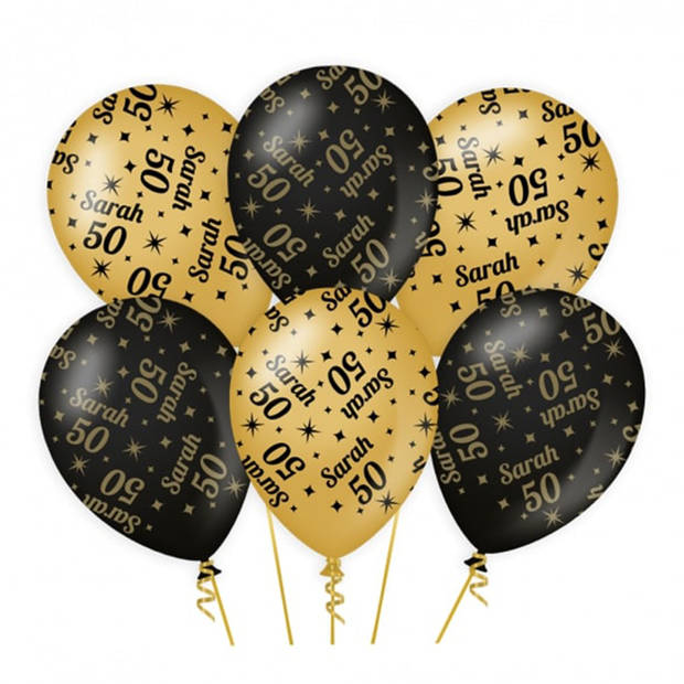 6x stuks luxe Sarah/50 jaar feest ballonnen - goud/zwart - latex - ca 30 cm - Ballonnen