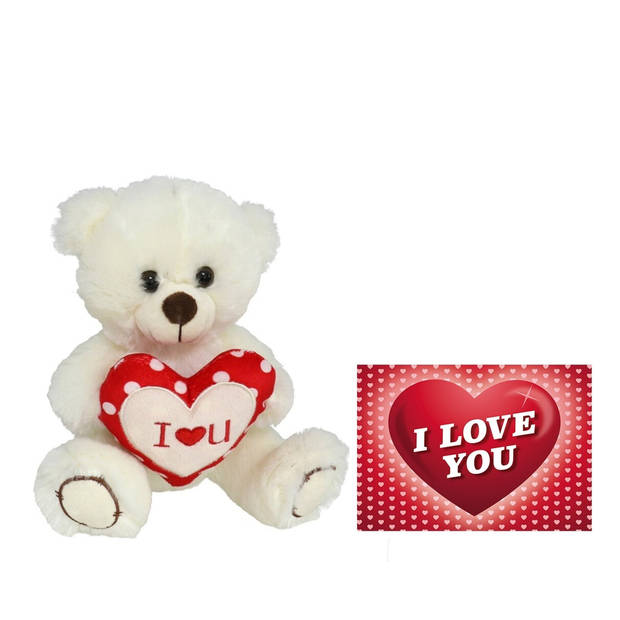 Pluche knuffelbeer met I Love hartje - wit/rood - 20 cm - inc. wenskaart - Knuffelberen