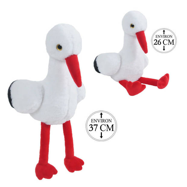 Knuffeldier Ooievaar Kaya - zachte pluche stof - dieren/vogel knuffels - wit/rood - 37 cm - Vogel knuffels