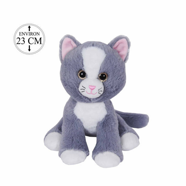 Knuffeldier Kat/poes Minous - zachte pluche stof - dieren knuffels - grijs/wit - 23 cm - Knuffel huisdieren