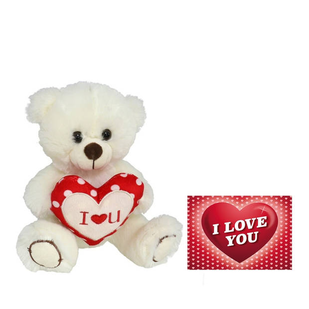 Pluche knuffelbeer met I Love hartje - wit/rood - 30 cm - inc. wenskaart - Knuffelberen