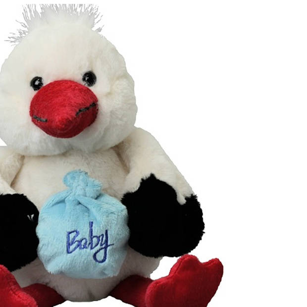 Inware pluche geboorte ooievaar knuffeldier - wit - staand - 21 cm - baby boy/geboorte jongen - Vogel knuffels