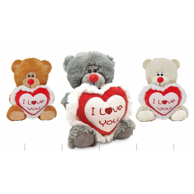 Jono Toys Pluche knuffelbeer/teddybeer met I love you hartje - grijs - 30 cm - Knuffelberen