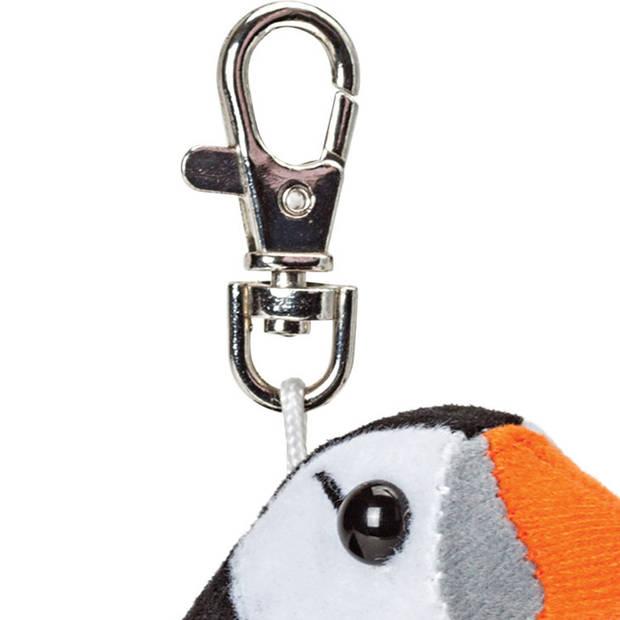 Suki Gifts Pluche knuffeldier Papegaaiduiker vogel sleutelhanger - zwart/wit - 9 cm - clip sluiting - Vogel knuffels