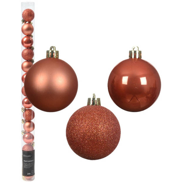 Decoris Mini kerstballen - 14x st - pompoen oranje - D3 cm - kunststof - Kerstbal