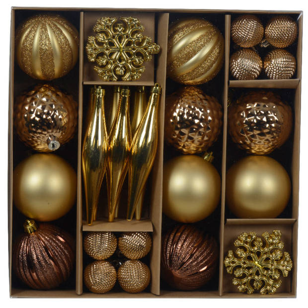 Decoris Kerstballen en ornamenten - 46-delig - bruin/goud - kunststof - Kerstbal