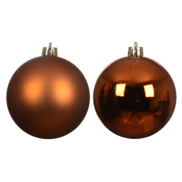 Decoris kerstballen - 6x st- 8 cm - koper/cognac bruin - kunststof - Kerstbal