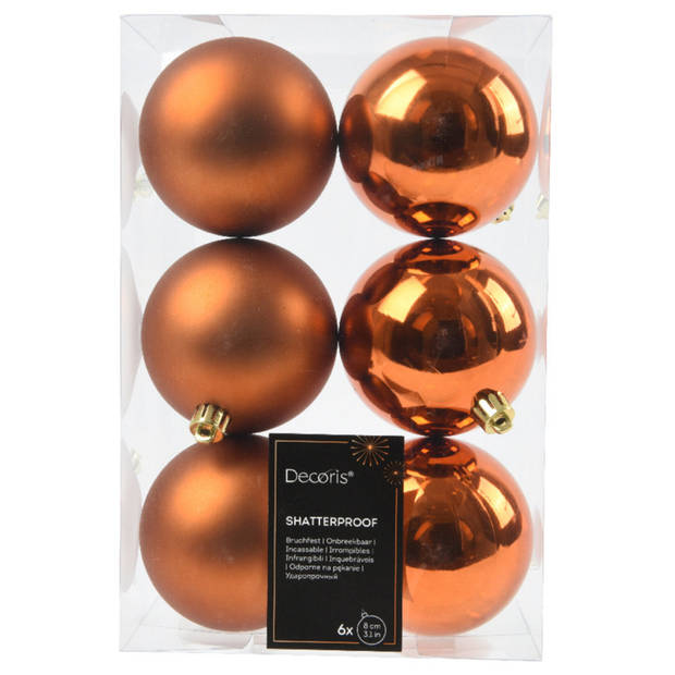 Decoris kerstballen - 6x st- 8 cm - koper/cognac bruin - kunststof - Kerstbal