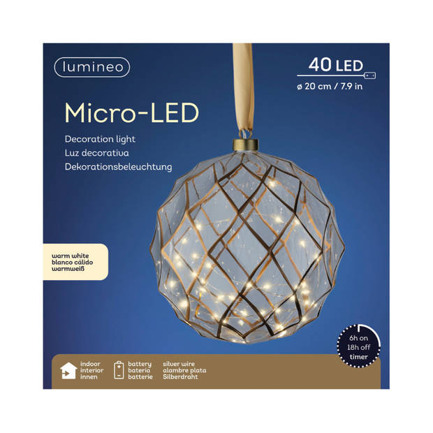 Lumineo kerstbal met led verlichting- D20 cm - aan lint - warm wit - kerstverlichting figuur