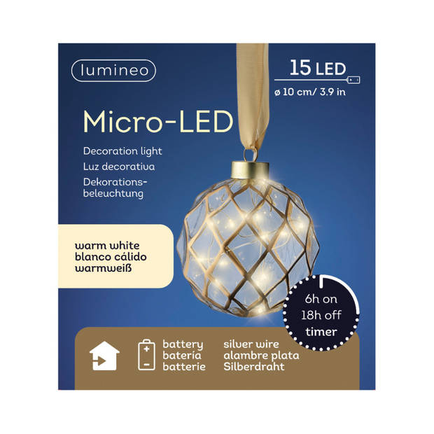 Lumineo kerstbal met led verlichting- D10 cm - aan lint - warm wit - kerstverlichting figuur