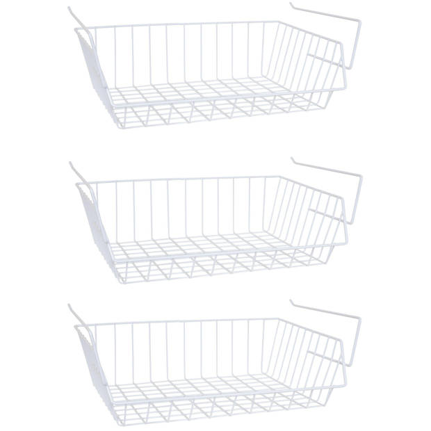 MSV Kastmandje - 3x - opberg/hang mandjes - rvs - wit - 40 x 27 x 14 cm - Opbergmanden