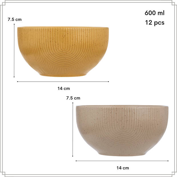 OTIX Soepkommen - Zonder Oor - Set van 12 - Schaaltjes - Beige - Geel - Mustard yellow - 600ml - SPRUCE en TEAK