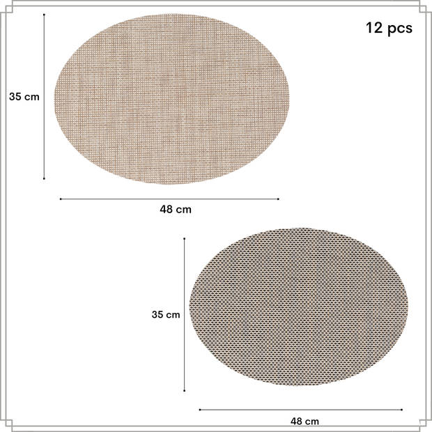 OTIX Placemats - Set van 12 - Kunststof - Ovaal - Beige - Zwart/Wit - Onderleggers - 48x35cm