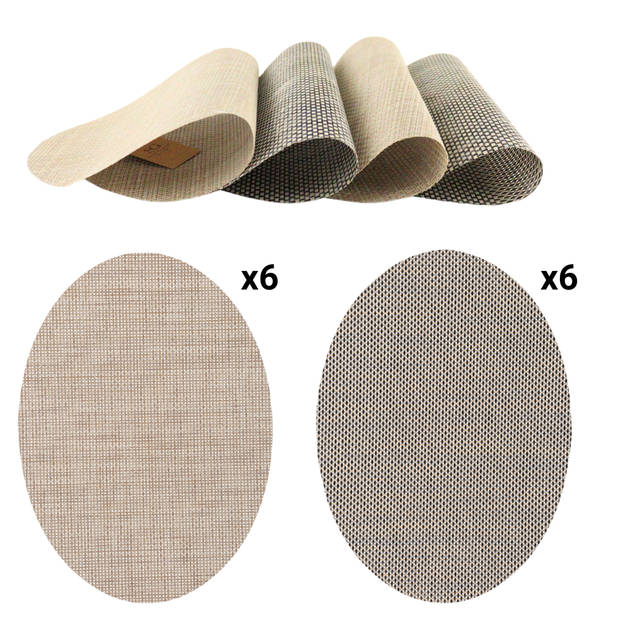 OTIX Placemats - Set van 12 - Kunststof - Ovaal - Beige - Zwart/Wit - Onderleggers - 48x35cm