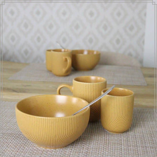 OTIX Koffiekopjes met Oor Set van 12 Kopjes Koffietassen Beige Geel Theemok 300ml Mustard yellow SPRUCE en TEAK