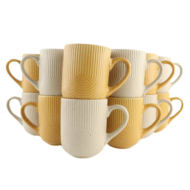 OTIX Koffiekopjes met Oor Set van 12 Kopjes Koffietassen Beige Geel Theemok 300ml Mustard yellow SPRUCE en TEAK