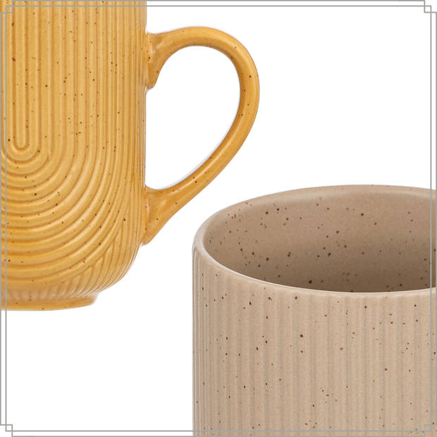 OTIX Koffiekopjes met Oor Set van 12 Kopjes Koffietassen Beige Geel Theemok 300ml Mustard yellow SPRUCE en TEAK