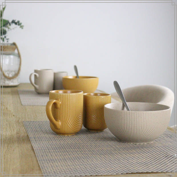 OTIX Koffiekopjes met Oor Set van 12 Kopjes Koffietassen Beige Geel Theemok 300ml Mustard yellow SPRUCE en TEAK