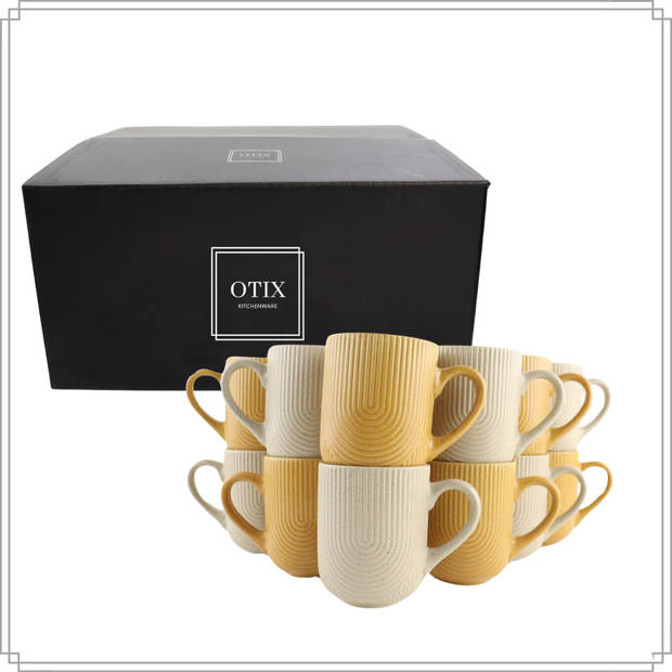 OTIX Koffiekopjes met Oor Set van 12 Kopjes Koffietassen Beige Geel Theemok 300ml Mustard yellow SPRUCE en TEAK