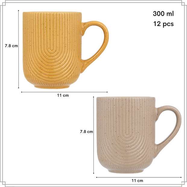 OTIX Koffiekopjes met Oor Set van 12 Kopjes Koffietassen Beige Geel Theemok 300ml Mustard yellow SPRUCE en TEAK