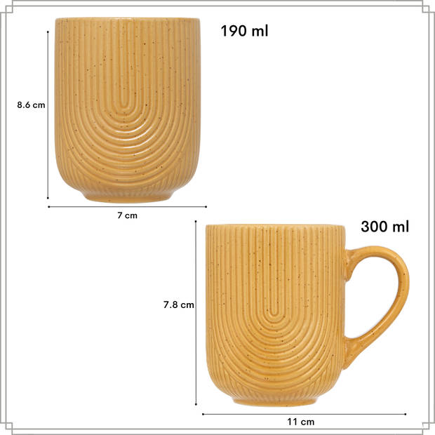 OTIX Koffiekopjes Set van 12 Cappuccino Kopjes 190ml 300ml met Set van 6 Soepkommen 600ml Mustard yellow SPRUCE